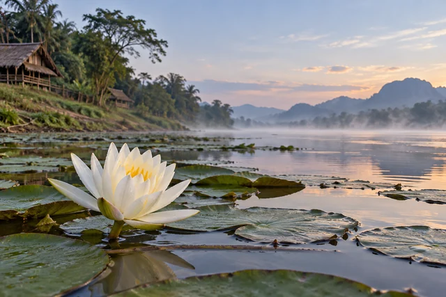 บัวสายสีขาวท่ามกลางใบลอยน้ำ
