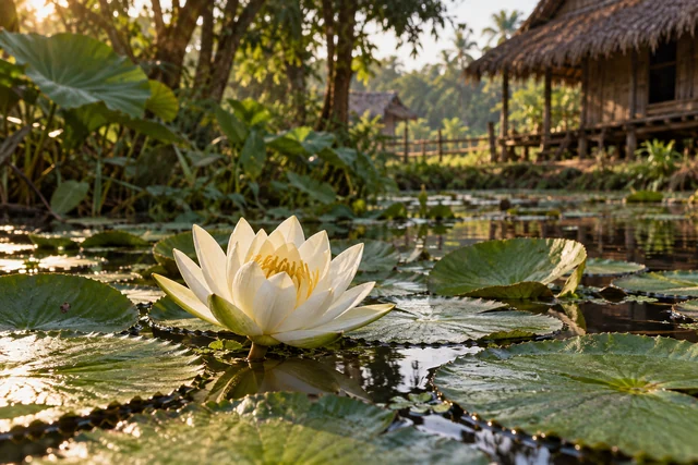 บัวสายสีขาวท่ามกลางใบลอยน้ำ