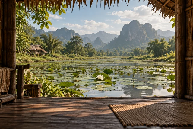 บัวสายสีขาวท่ามกลางใบลอยน้ำ