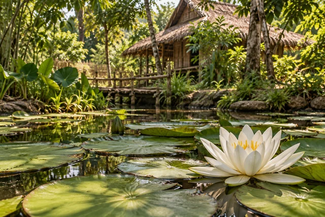 บัวสายสีขาวท่ามกลางใบลอยน้ำ