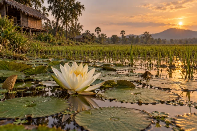 บัวสายสีขาวท่ามกลางใบลอยน้ำ