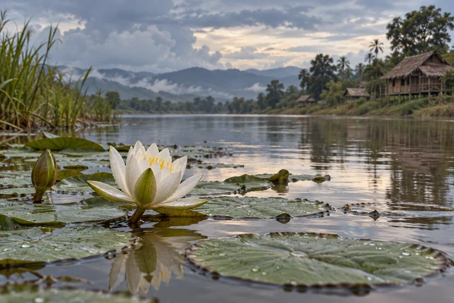 บัวสายสีขาวท่ามกลางใบลอยน้ำ