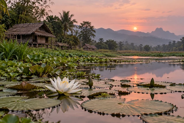 บัวสายสีขาวท่ามกลางใบลอยน้ำ