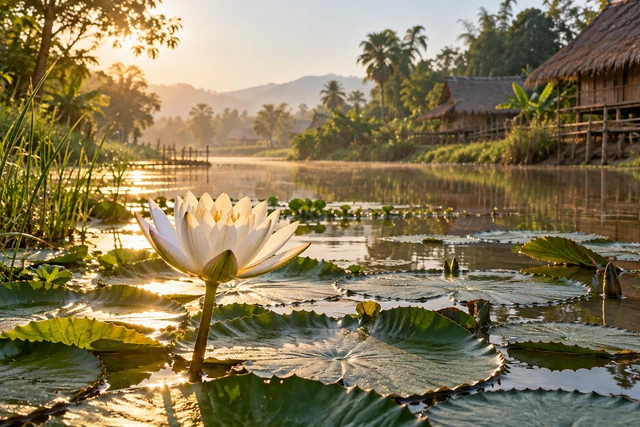 บัวสายสีขาวท่ามกลางใบลอยน้ำ