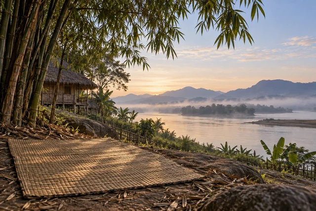 เสื่อสานพื้นบ้านใต้ร่มไม้และกอไผ่
