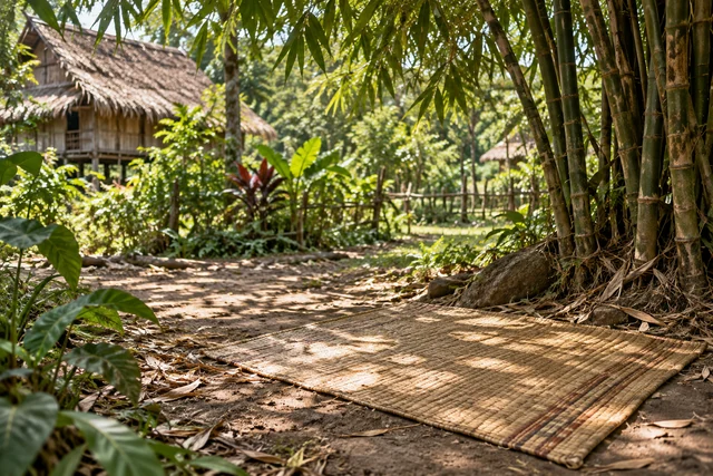 เสื่อสานพื้นบ้านใต้ร่มไม้และกอไผ่