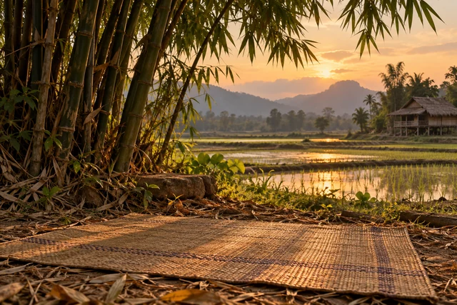 เสื่อสานพื้นบ้านใต้ร่มไม้และกอไผ่