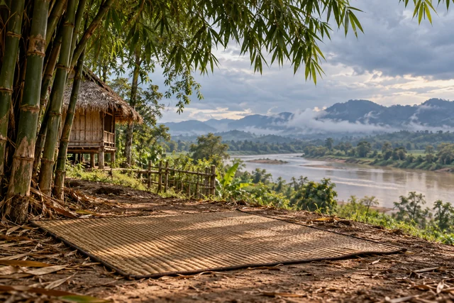เสื่อสานพื้นบ้านใต้ร่มไม้และกอไผ่
