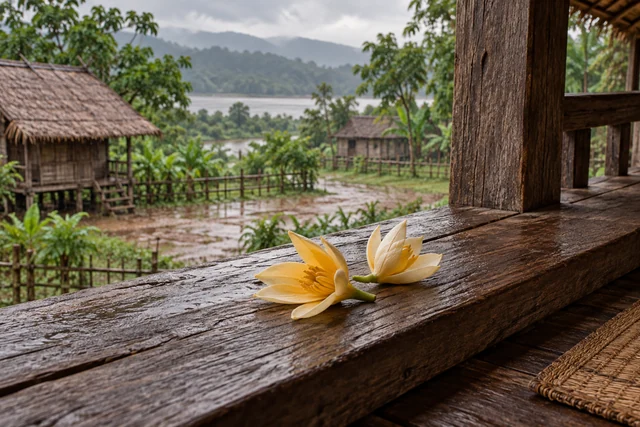 ดอกไม้สีเหลืองบนแผ่นไม้ในบรรยากาศชนบท