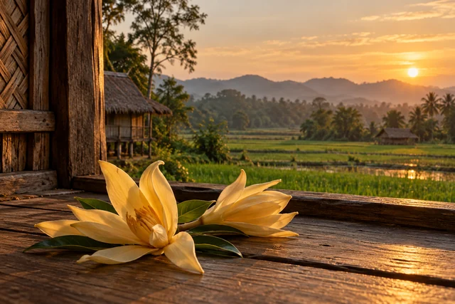 ดอกไม้สีเหลืองบนแผ่นไม้ในบรรยากาศชนบท