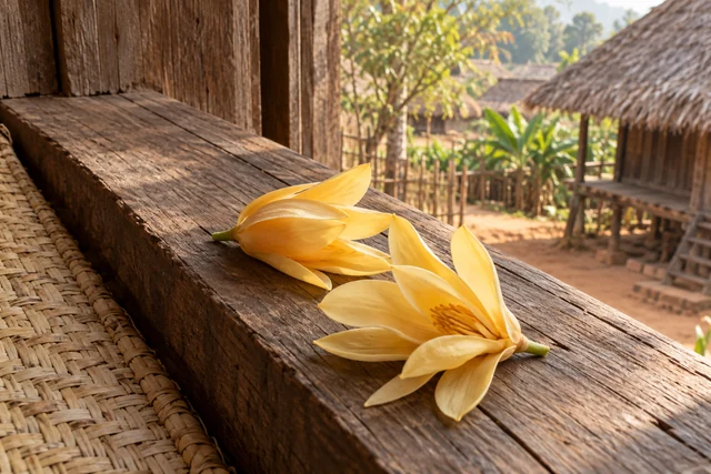 ดอกไม้สีเหลืองบนแผ่นไม้ในบรรยากาศชนบท