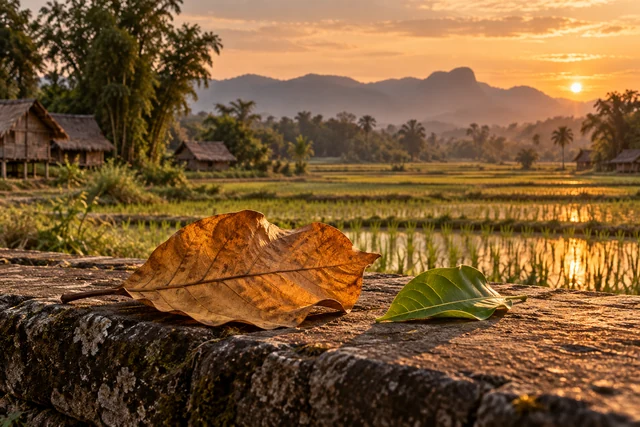 ใบไม้สีทองและใบอ่อนสีเขียวบนหิน