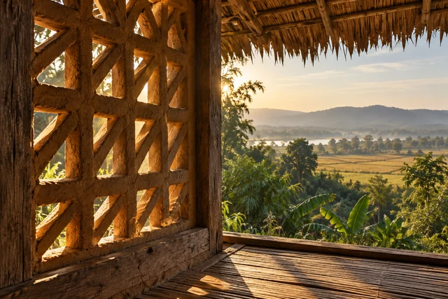 ช่องลมพื้นบ้านและแสงเงาภายในเรือนเรียบง่าย