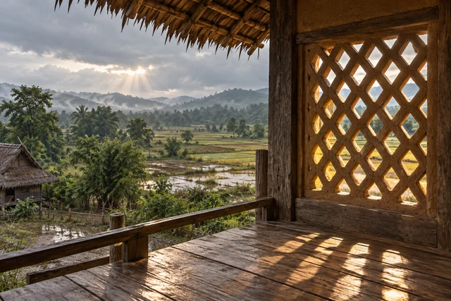 ช่องลมพื้นบ้านและแสงเงาภายในเรือนเรียบง่าย