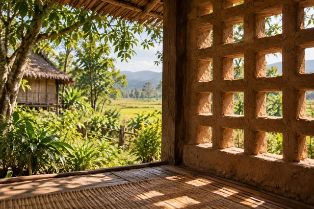 ช่องลมพื้นบ้านและแสงเงาภายในเรือนเรียบง่าย