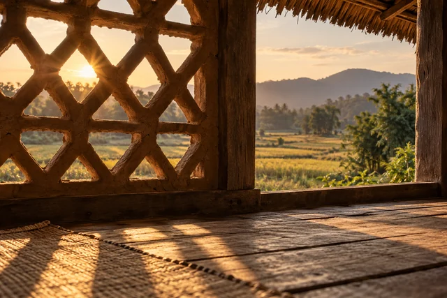 ช่องลมพื้นบ้านและแสงเงาภายในเรือนเรียบง่าย