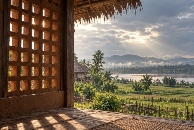 ช่องลมพื้นบ้านและแสงเงาภายในเรือนเรียบง่าย