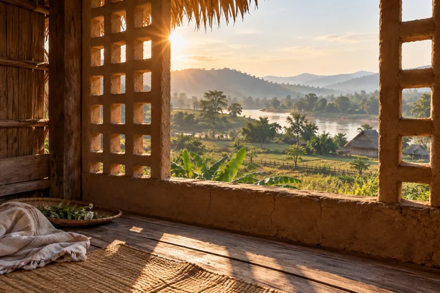 ช่องลมพื้นบ้านและแสงเงาภายในเรือนเรียบง่าย