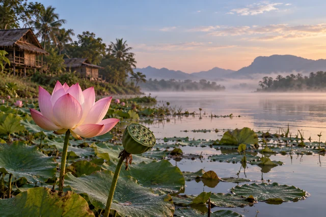 ฝักบัวและดอกบัวสีชมพูในสระธรรมชาติ