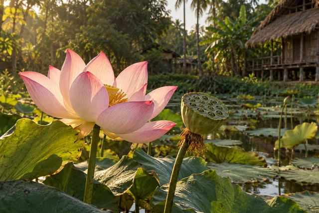 ฝักบัวและดอกบัวสีชมพูในสระธรรมชาติ