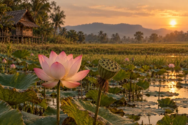 ฝักบัวและดอกบัวสีชมพูในสระธรรมชาติ