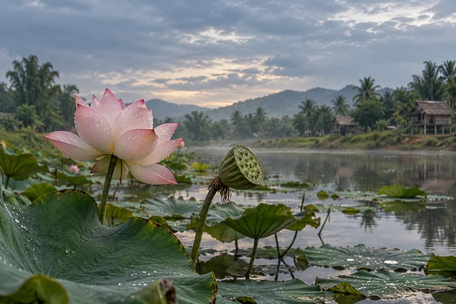 ฝักบัวและดอกบัวสีชมพูในสระธรรมชาติ