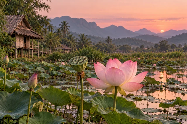 ฝักบัวและดอกบัวสีชมพูในสระธรรมชาติ