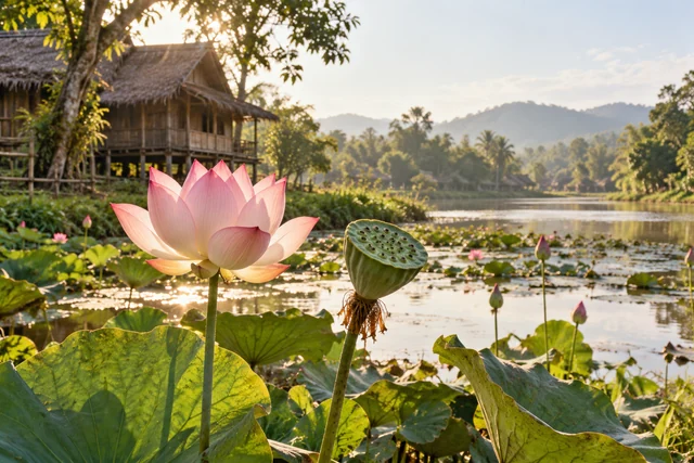 ฝักบัวและดอกบัวสีชมพูในสระธรรมชาติ