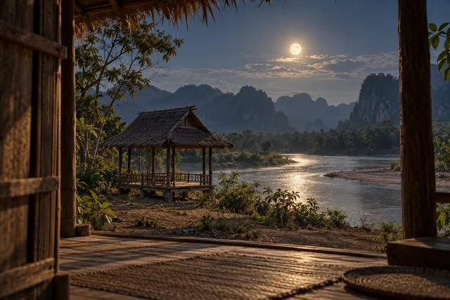 ศาลาไม้เปล่าริมโค้งน้ำใต้แสงจันทร์