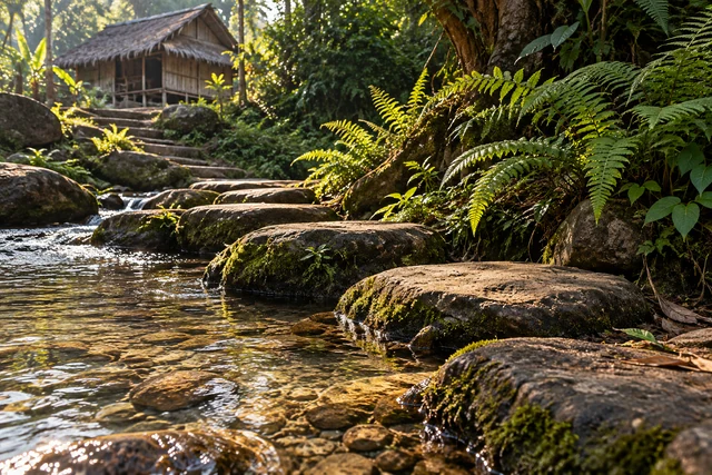 หินทางเดินข้างลำธารและเฟิร์น
