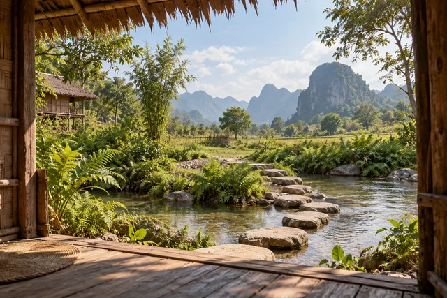 หินทางเดินข้างลำธารและเฟิร์น