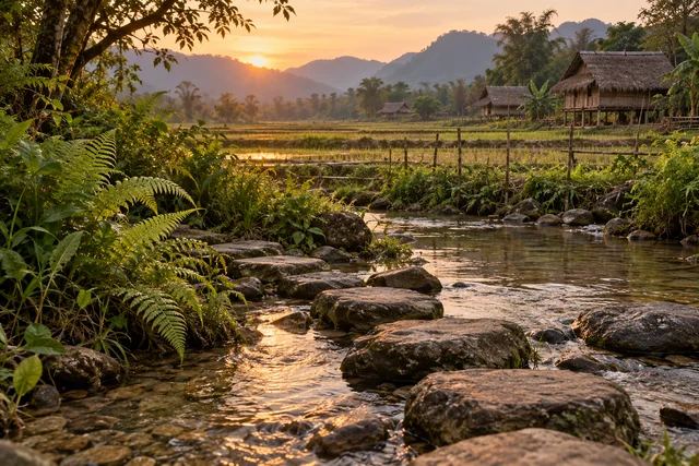 หินทางเดินข้างลำธารและเฟิร์น