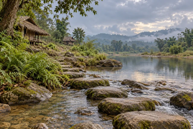 หินทางเดินข้างลำธารและเฟิร์น