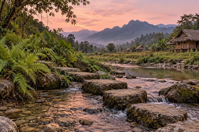 หินทางเดินข้างลำธารและเฟิร์น