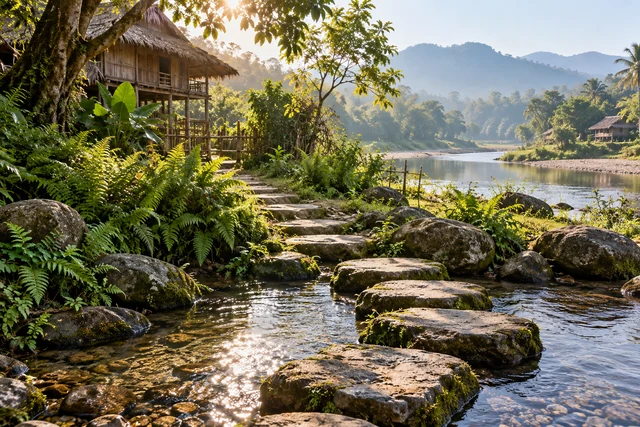 หินทางเดินข้างลำธารและเฟิร์น