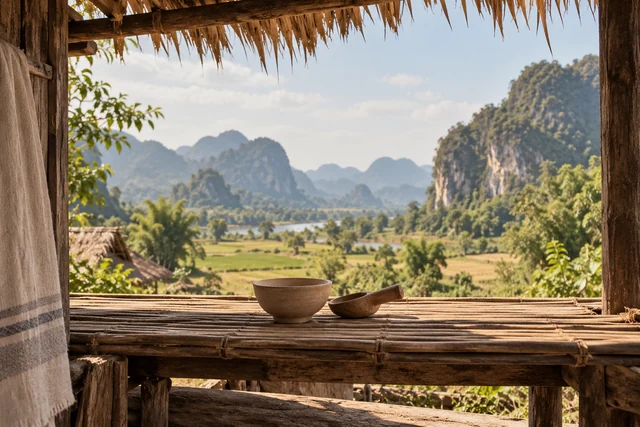 ถ้วยข้าวดินเผาและช้อนไม้บนชั้นไม้ไผ่