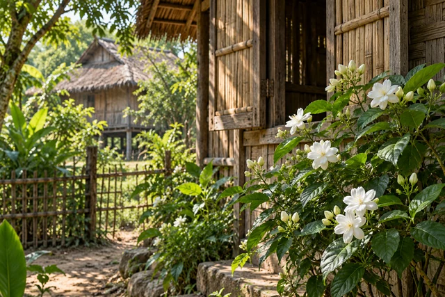 ดอกมะลิข้างหน้าต่างไม้ไผ่