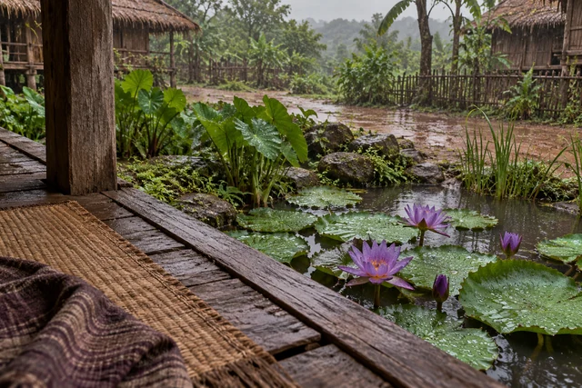 หยดฝนบนกลีบบัวสายสีม่วง