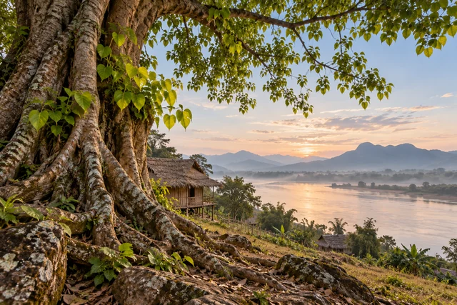 โคนไทรเก่าและใบอ่อนริมสายน้ำ