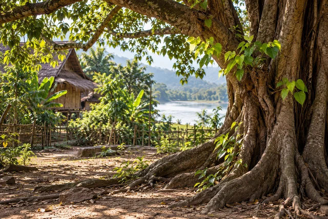 โคนไทรเก่าและใบอ่อนริมสายน้ำ