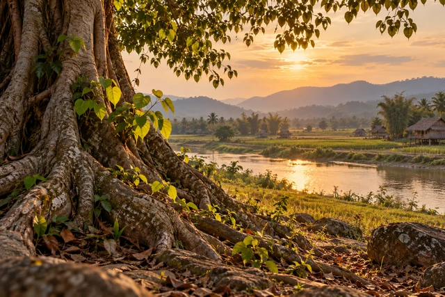 โคนไทรเก่าและใบอ่อนริมสายน้ำ