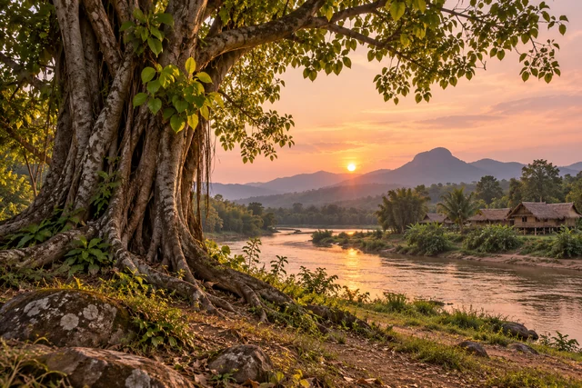 โคนไทรเก่าและใบอ่อนริมสายน้ำ