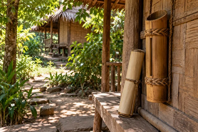 ใบลานเปล่าข้างที่เก็บสารไม้ไผ่บนผนังเรือน
