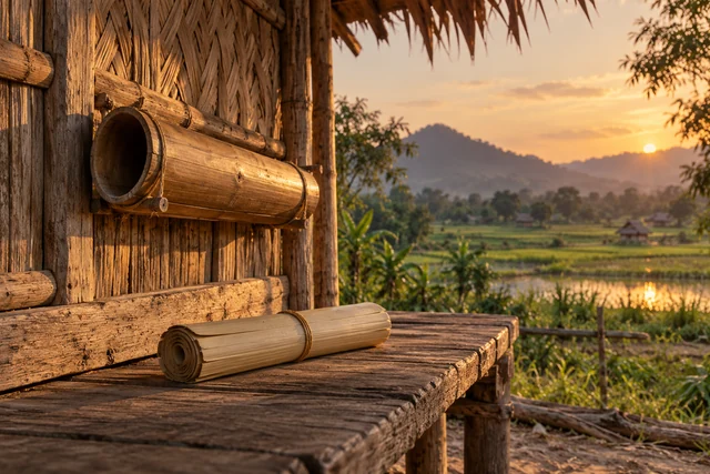 ใบลานเปล่าข้างที่เก็บสารไม้ไผ่บนผนังเรือน
