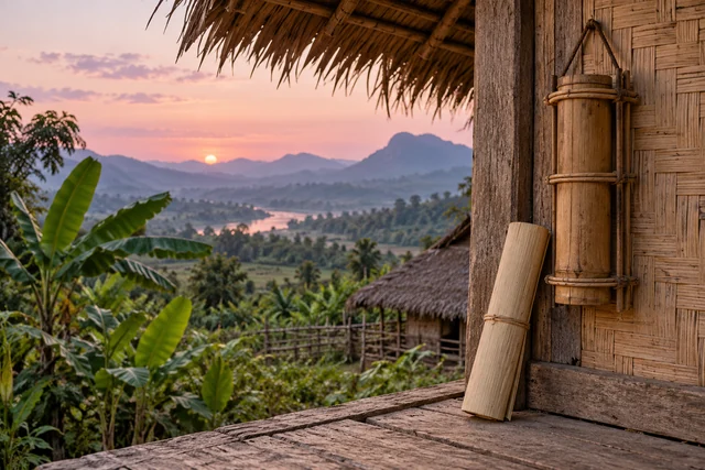 ใบลานเปล่าข้างที่เก็บสารไม้ไผ่บนผนังเรือน