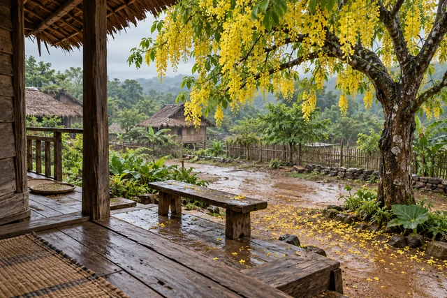 ม้านั่งไม้เตี้ยใต้ต้นคูนออกดอก