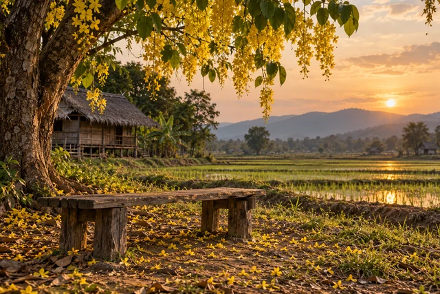 ม้านั่งไม้เตี้ยใต้ต้นคูนออกดอก
