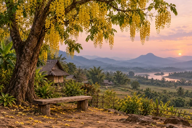 ม้านั่งไม้เตี้ยใต้ต้นคูนออกดอก