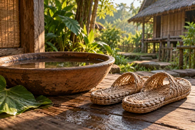 รองเท้าสานข้างอ่างน้ำพื้นบ้านในบรรยากาศชนบท