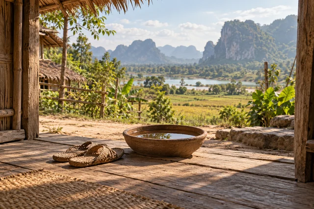 รองเท้าสานข้างอ่างน้ำพื้นบ้านในบรรยากาศชนบท